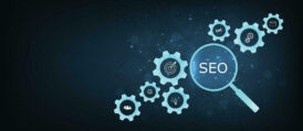 search engine optimization seo concept on dark blue background vector